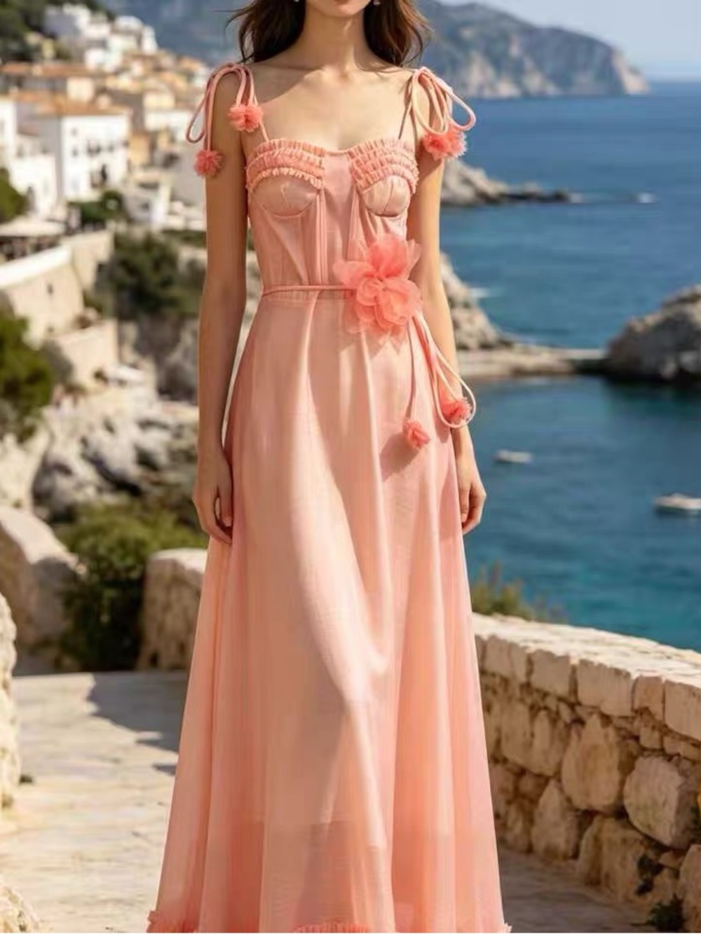 Designer-style Coral Ruffle Midi Dress